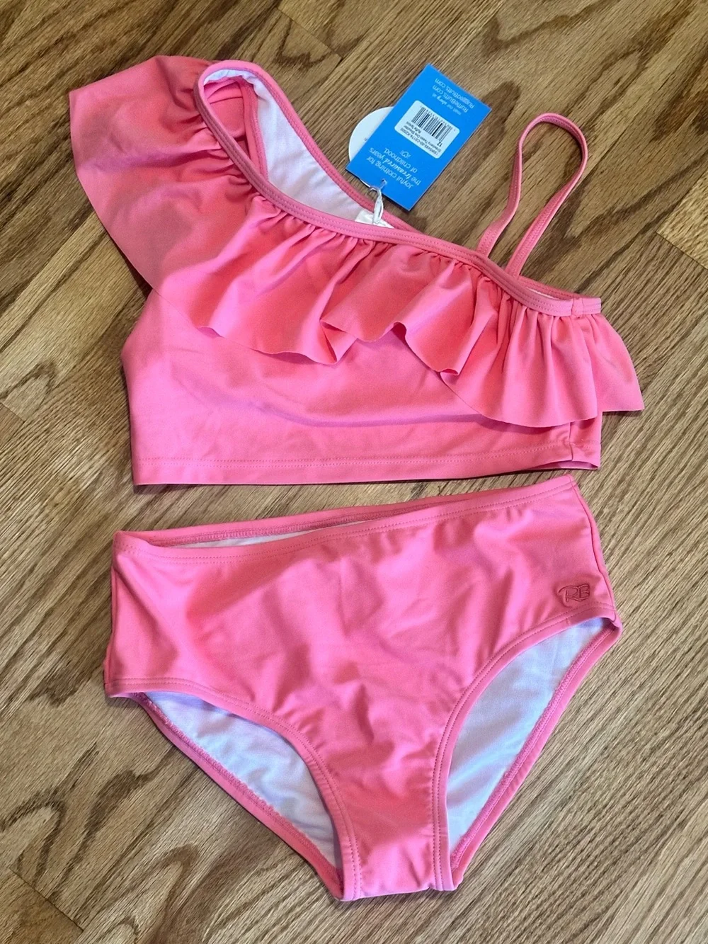 NWT RuffleButts Strawberry Pink Ruffled One Shoulder Tween Tankini size 12